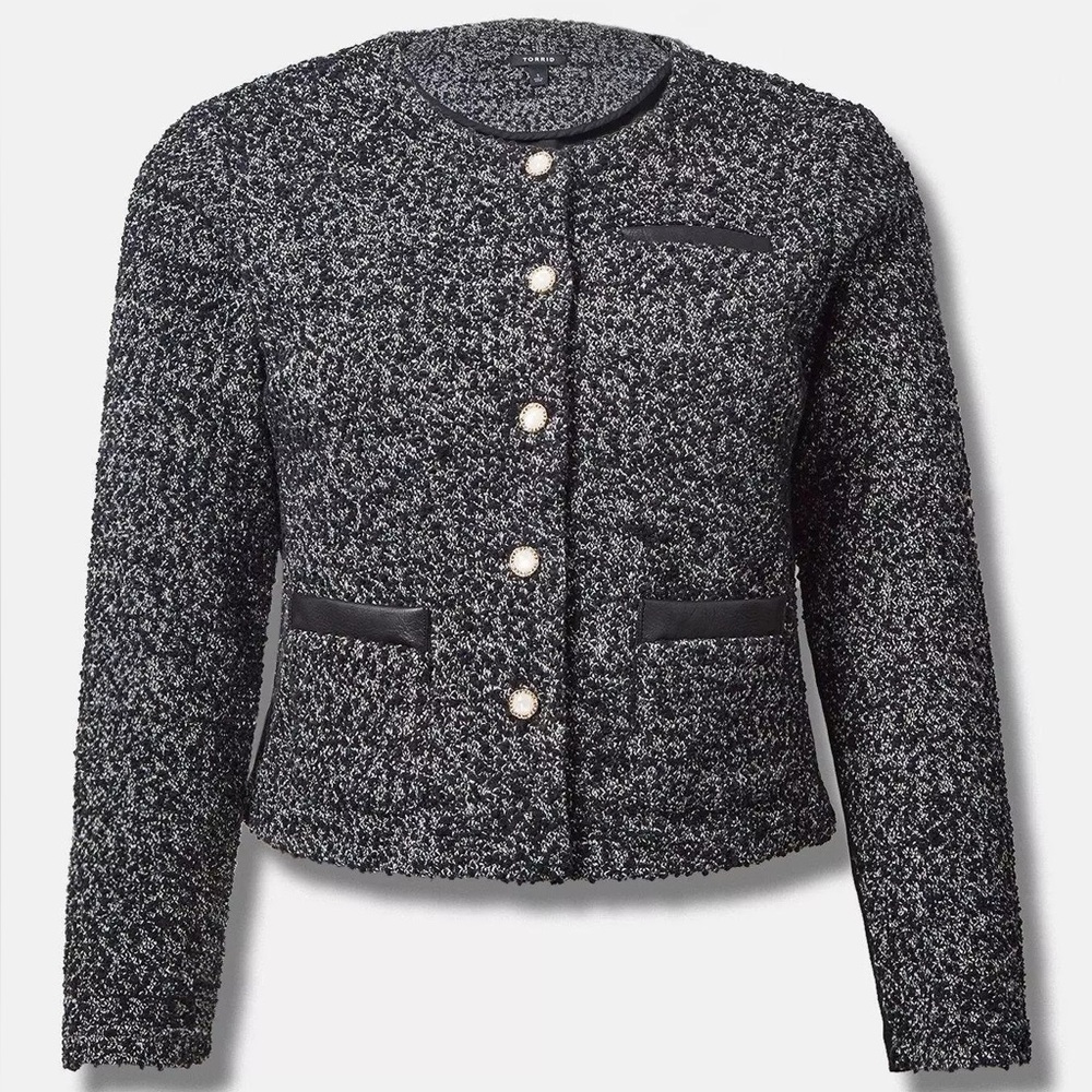 Torrid Tweed Stretchy Collarless Pearl Button Grey Black Cropped Boucle Jacket 2
